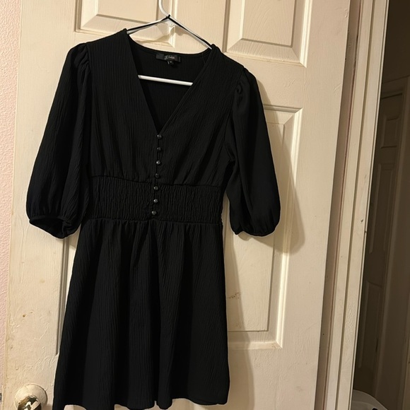 Dresses & Skirts - Black Button Front Fitted Puff Sleeve Skater Dress